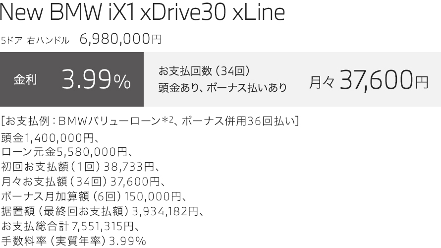 New BMW iX1 xDrive30 xLine　お支払い例