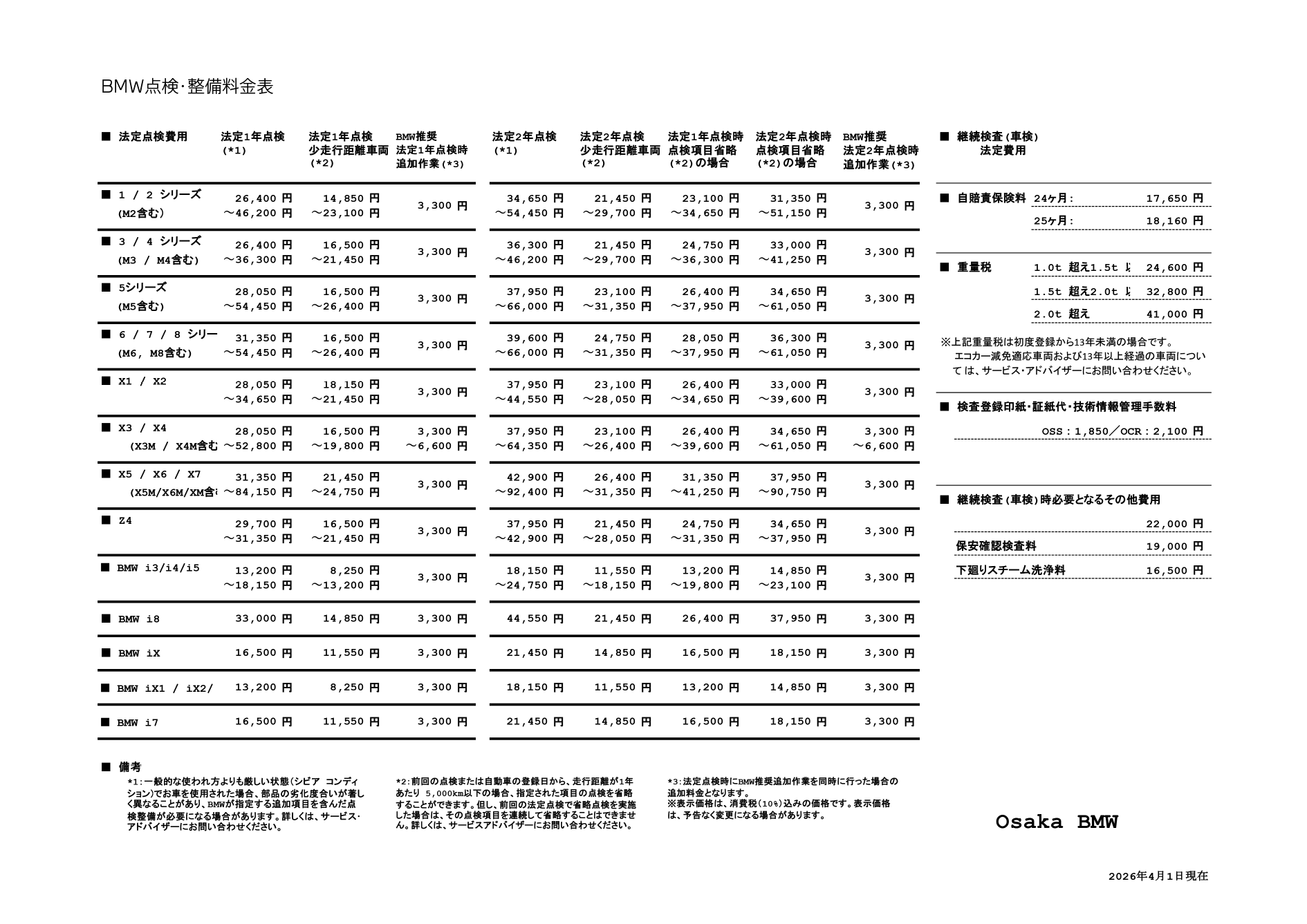 点検整備料金表